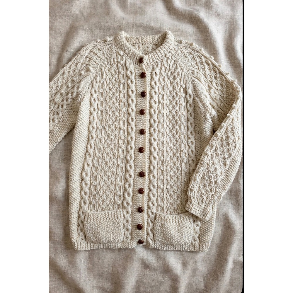 Hand Knit Wool Aran Cable Knit Cardigan Sweater Cream Button Front Pockets